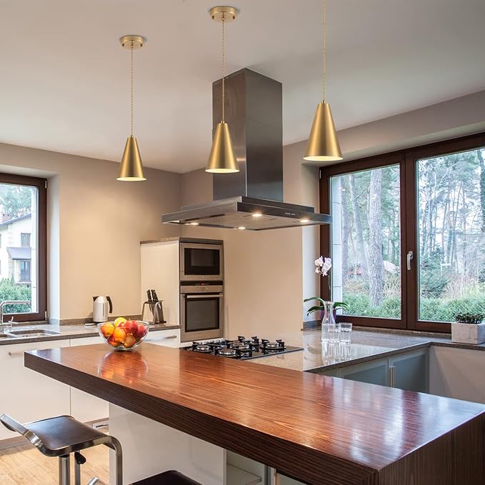 Brass Pendant Lights Kitchen Island,Gold Dining Room Light Fixtures Over Table with Cone Metal Shade, Modern Vintage Mini Chandeliers,Adjustable Cord Hanging Lighting for Bar,Sink.(1 Pack)