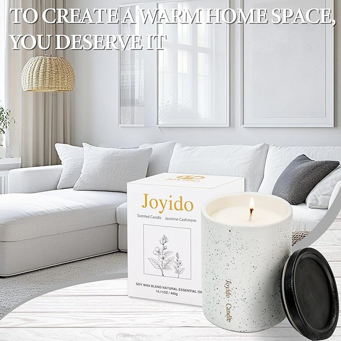 14OZ Jasmine Cashmere Scented Candle - Aromatherapy Candles with Lid - Soy Candles for Home Scented - Luxury Ceramic Jar Candle for Bedroom Kitchen Home Decor, Housewarming Party