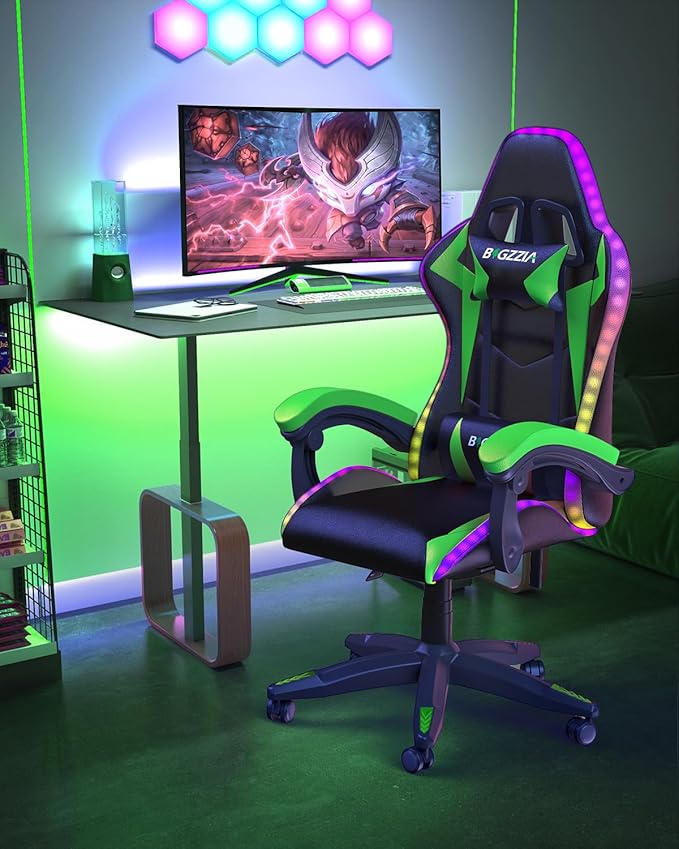 Bigzzia Gaming Chair with RGB LED Lights, High Back Ergonomic Computer Gamer Chair with Headrest and Lumbar Support, Racing Style Reclining Game Chair for Adults, Kids (Black/Green)