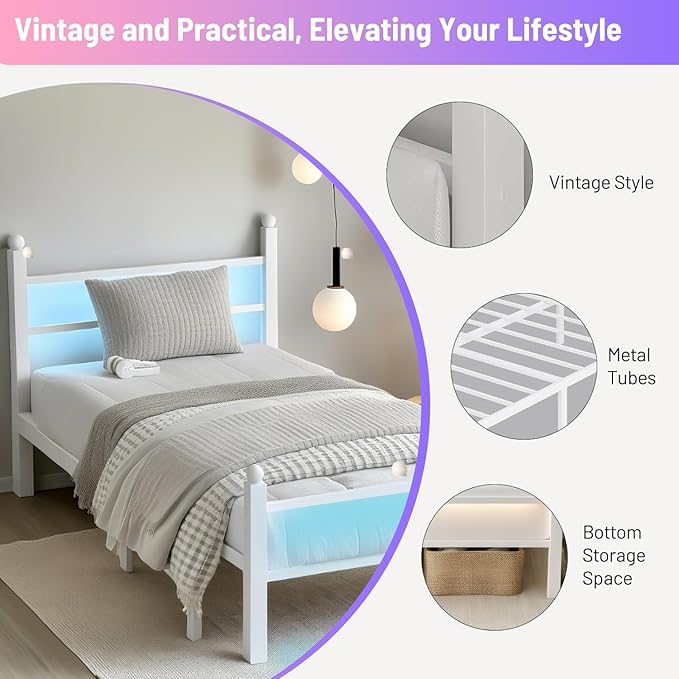 Twin Bed Frame with Headboard and Footboard,Steel Slats Support-LED Bed Frame with USB Charging Station,Mattress Foundation-Under Bed Storage,No Box Spring Needed,Noise Free,White