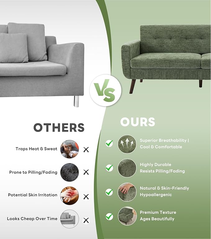Tbfit 77.2" W Linen Sofa Couch, Mid Century Modern Decor Loveseat Couches for Living Room, Button Tufted Upholstered Small Couch for Bedroom, Solid, and Easy to Install Love Seats Furniture, Green