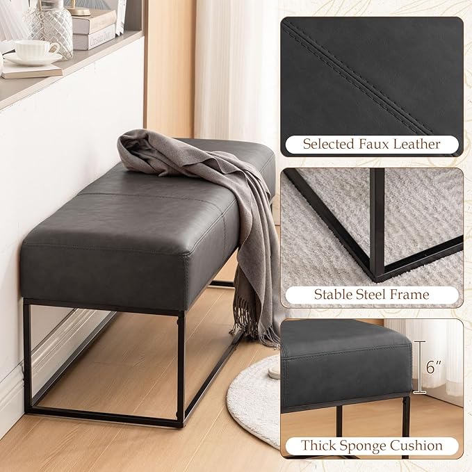 Leather Entryway Bench, Modern Long Leather Ottoman Bench Seat with Metal Frame, 47'' Upholstered Bedroom Bench for Living Room Entryway Window, Vintage Black