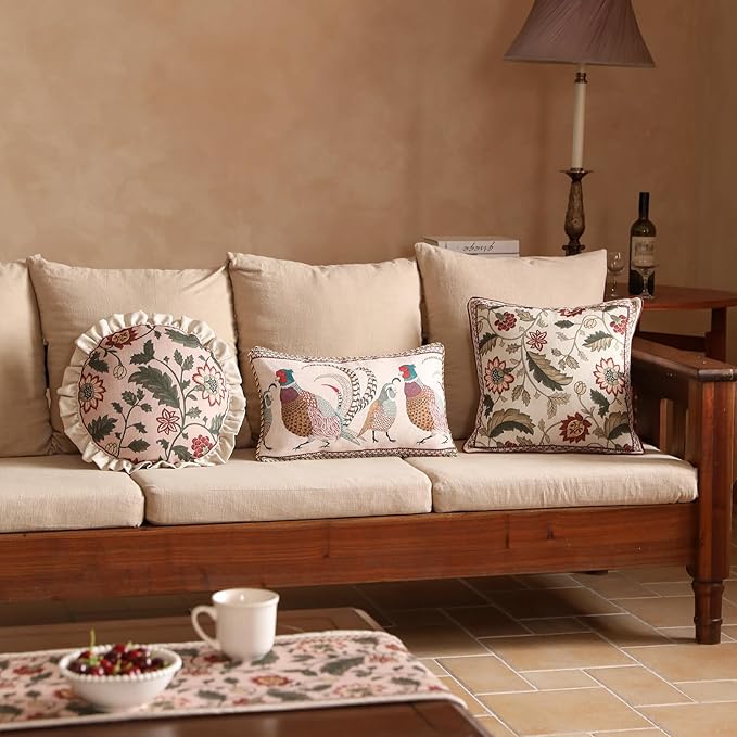 Design Square Pink Floral Linen Throw Pillow Covers 18"x18" Pack of 2, Vintage Country Flowers Pattern Cushion Covers Decor Pillowcases for Bed,Living Room,Outdoor,Car