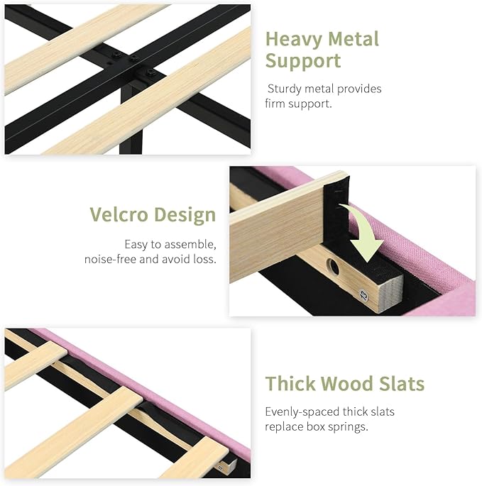 Full Bed Frames with Tufted Headboard, Upholstered Platform Bed with Wooden Slats Support, Princess Bed Frame for Girls, Easy Assembly, No Box Spring Required, Pink