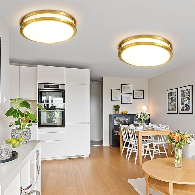 Gold Ceiling Light Fixture 24W, 12 inch LED Flush Mount Ceiling Light for Bedroom, Kitchen, Bathroom, 5CCT Dimmable Close to Ceiling Light Fixture for Hallway 2 Pack…