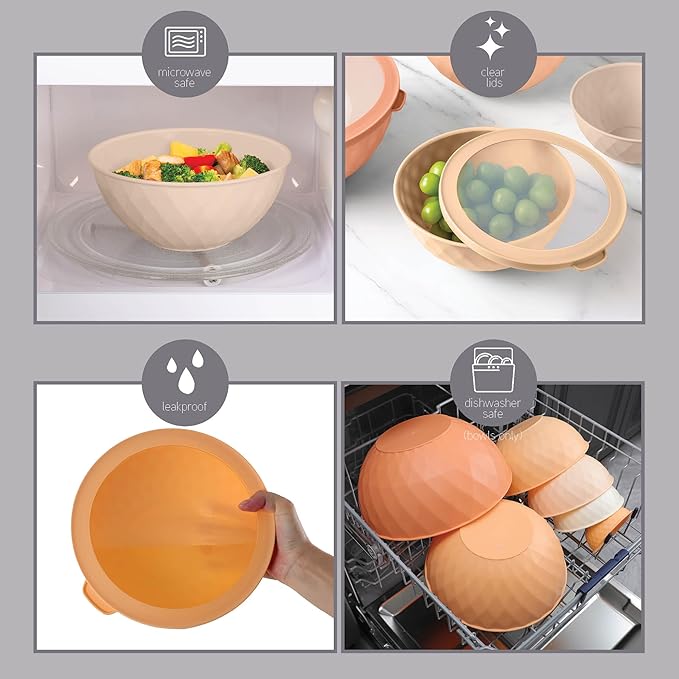 COOK WITH COLOR Mixing Bowls with Lids - 12 Piece Plastic Nesting Bowls Set includes 6 Prep Bowls and 6 Lids, Diamond Design - Microwave Safe (Mint)