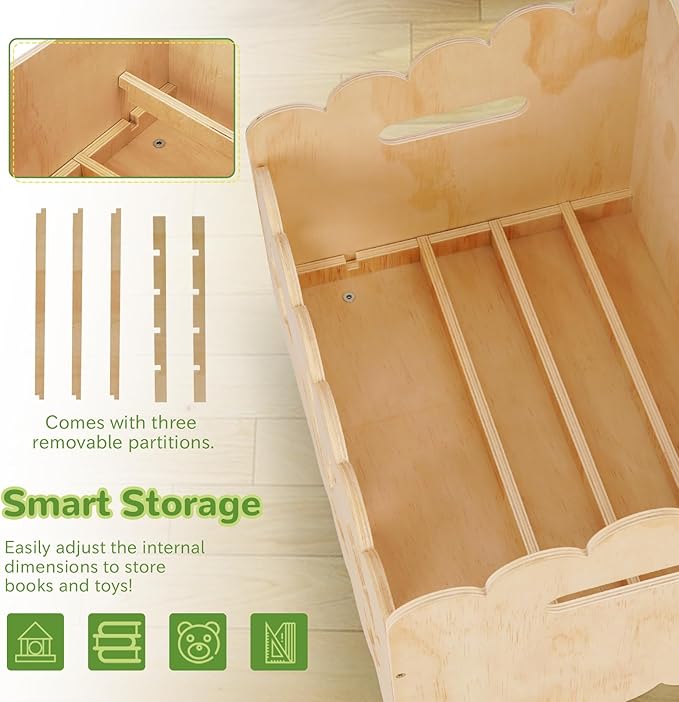 Liitrton Wood Kids Bookshelf for Kids Rooms, Toddler Montessori Bookshelf with 3 Adjustable Dividers, Small Kid Bookcase for Nursery Book Toy Storage (Wood)