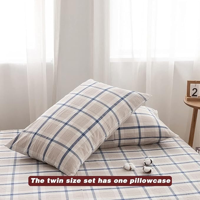 FACE TWO FACE Bedding Duvet Cover Set100% Washed Cotton Duvet Cover Linen Like Textured Breathable Durable Soft Comfy (Twin, Blue Grid)