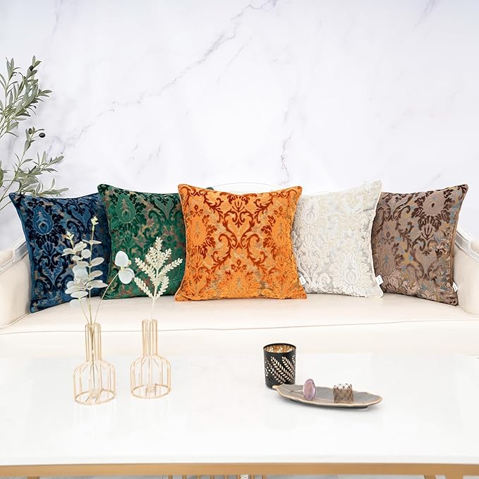 Alerfa Boho White Floral Throw Pillow Cover 18x18 Inch Cut Velvet Sqaure Luxury Embroidered Decorative Pillow Cover for Couch Living Room Bedroom