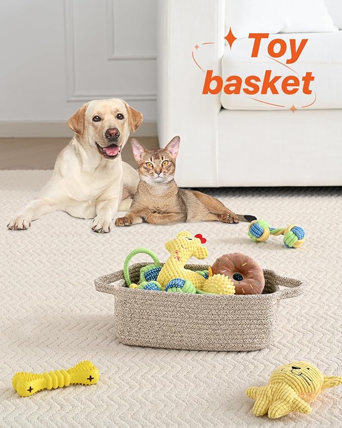 KALLAX Small Woven Basket, 12 x 8 x 4.5 Inches, Small Storage Baskets for Organizing, Gift Baskets Empty, Cute Rope Shelf Closet Storage Bins for Shelves, Dog Toy Basket, 3 Packs, Mixed Brown