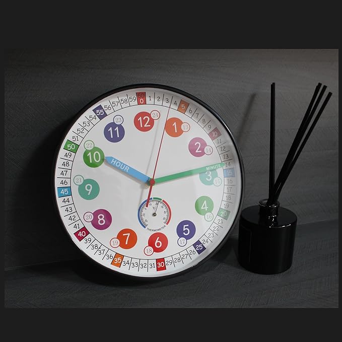 Wall Clocks,10Inch Learning Time Clock, Colorful Clock Face Silent Clocks with Simple Thermometer,Clear Digital Wall Clock (Black)
