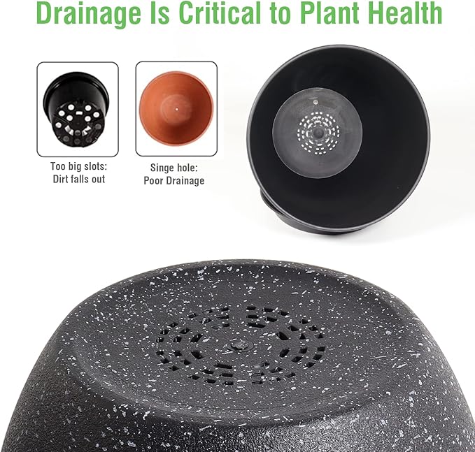 WOUSIWER Plant Pots 10/9/8 inch, Set of 3 Modern Decorative Plastic Planters with Drainage Holes and Saucers for House Plants Indoor Flowers Plants, Black with White Speckles