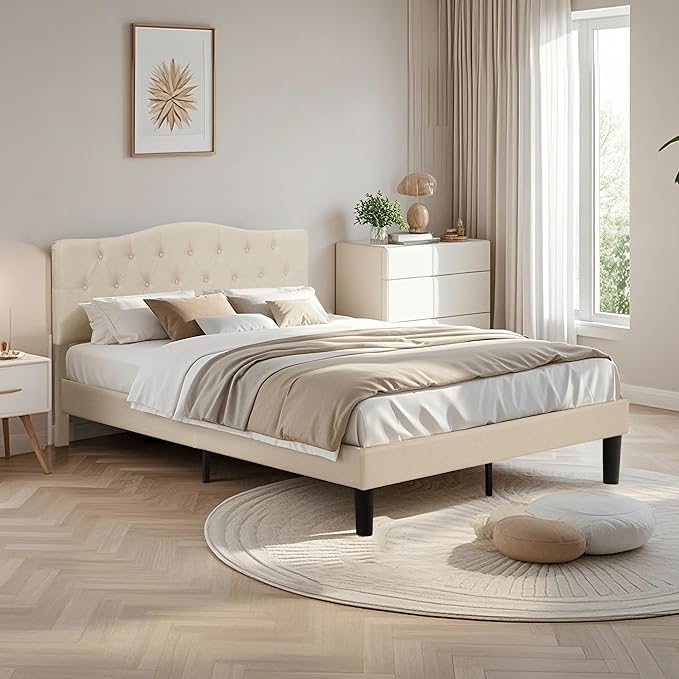 VECELO Full Size Bed Frame Upholstered Platform with Tufted Adjustable Headboard/Mattress Foundation with Wood Slat Support, Easy Assembly,Beige