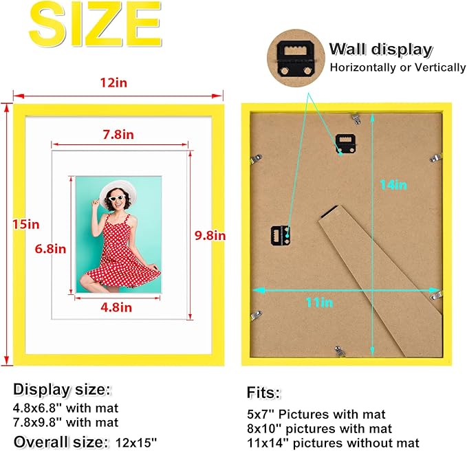 KINLINK 11x14 Picture Frame Yellow, Solid Wood Frames with Acrylic Plexiglass for Pictures 5x7/8x10 with Mat or 11x14 without Mat, Tabletop and Wall Display Photo Frame, Set of 4
