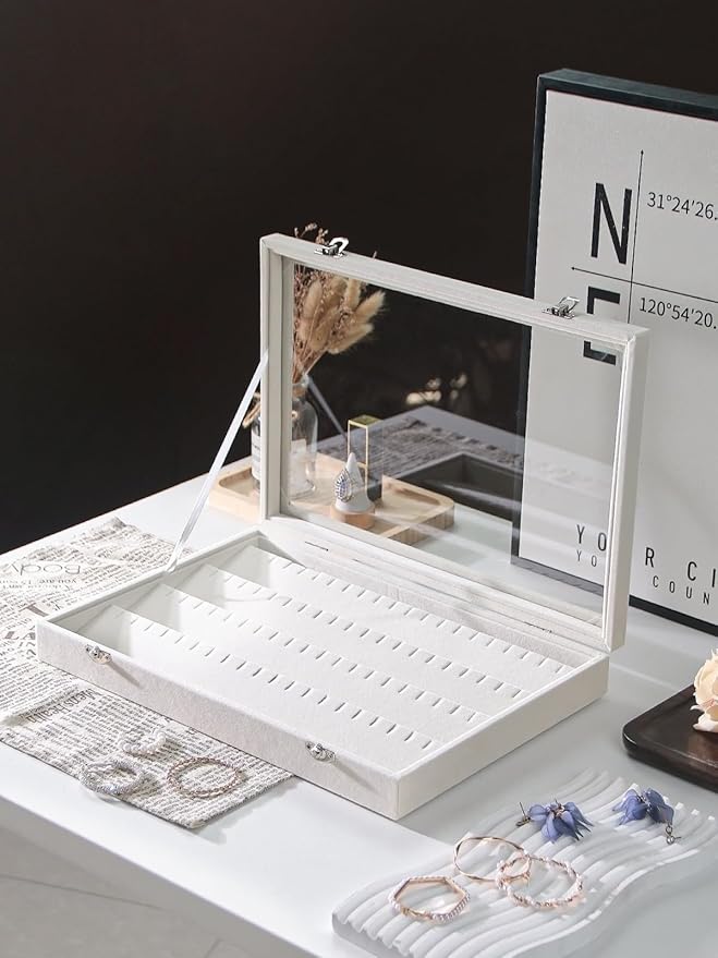 Coward Earring Organizer Tray Box, Beige Velvet Earring Jewelry Display Storage Tray Case with Transparent Glass Lid for Home Drawer or Shop Selling