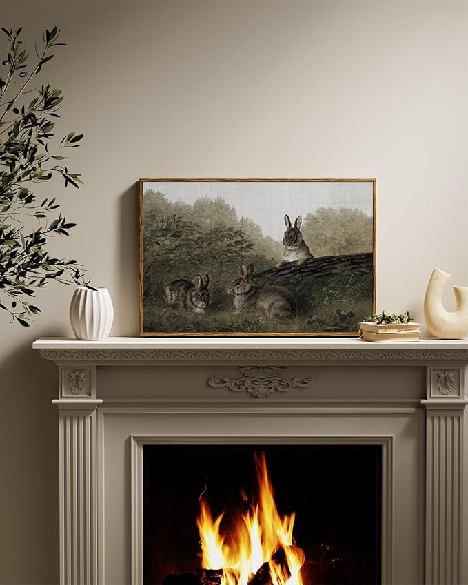 InSimSea Framed Wall Art for Living Room Canvas Print Animal Decor Three Rabbits Vintage Aesthetic Room Decor Landscape Oil Painting Farmhouse Wall Picture for Bedroom Bathroom Office 16x24in