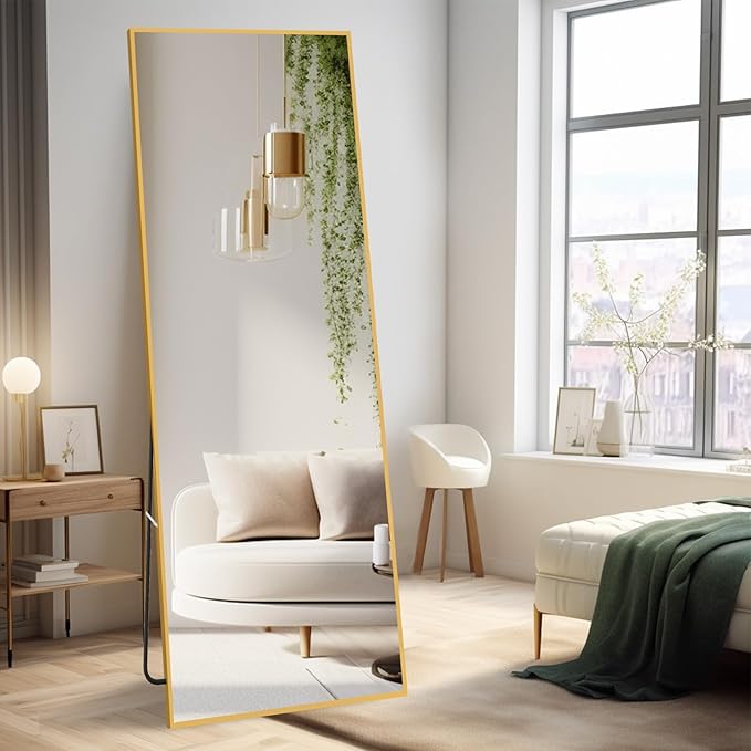 Tall Full Body Mirror, 55''x 18'' Full Length Mirror w Gold Aluminum Alloy Frame, Floor Not Fragile Tempered Mirror Leaning Against Wall for Living Room,Women Dressing Clothes Mirror