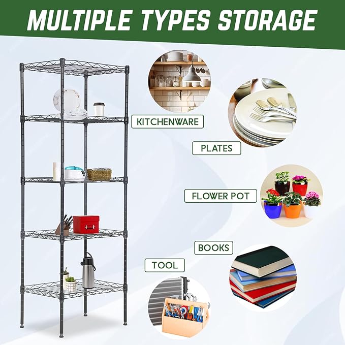 PayLessHere 5-Tier Adjustable Wire Shelf 12" W x 17" D x 48" H Max Load 750 lbs, Easy Assembly, Versatile Storage Solution, Durable and Stable for Home and Office,Black