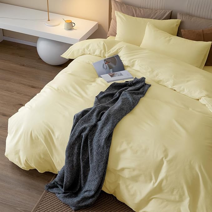 JIYUAN 100% Washed Cotton Duvet Cover Set 3 Pieces King, 1 Duvet Cover 104x90 Inches(Comforter Not Included) and 2 Pillowcases,Linen Feel Bedding Set Comfy and Breathable,Light Yellow
