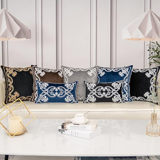 Aeckself European Floral Pillow Cover 18x18 Inch, Luxury Velvet Embroidered Decorative Throw Pillow Cover for Couch Bedroom Living Room, Grey and White