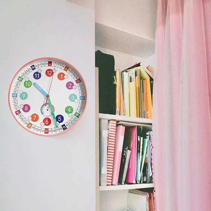 Wall Clocks,10Inch Learning Time Clock, Colorful Clock Face Silent Clocks with Simple Thermometer,Clear Digital Wall Clock (Peach Pink)