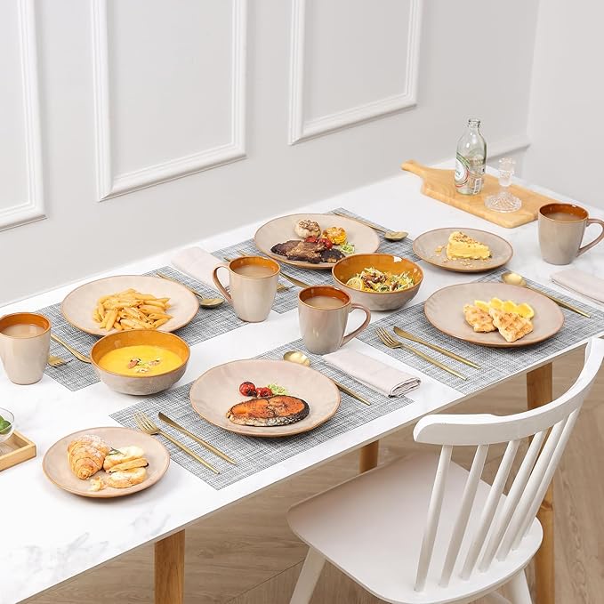 vicrays Ceramic Salad Bowls Set for Kitchen, Serving - 32 Ounce Soup Bowls, Pasta Bowls, Chip Resistant, Dishwasher Microwave Safe, Large, Fluted, stoneware, Set of 6 (Beige)