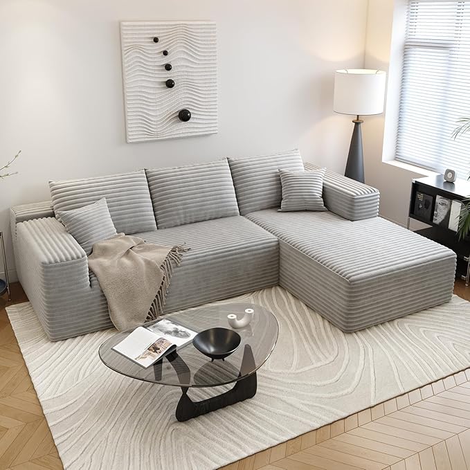 107.5" Cloud Sectional Couch with L-Shape Chaise,Modern Modular Sofa with Deep Seat, Upholstered Couches for Living Room Bedroom Apartments,No Assembly Required, (Grey,Right Facing Chaise)