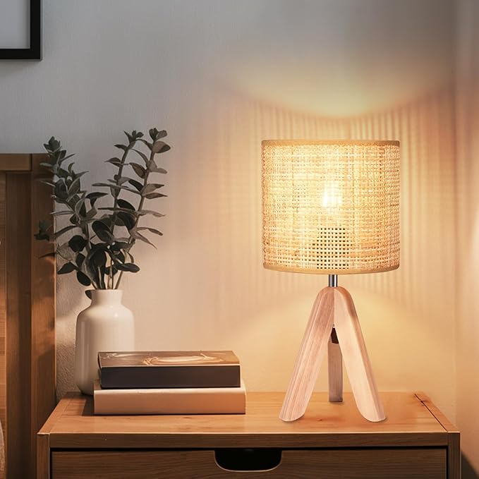 Hamilyeah Tripod Lamps for Night Stands Set of 2, Boho Bedside Lamps with Wicker Shade, Woven Table Lamps for Living Room with On/Off Switch, Wood Desk Lamps for Bedroom