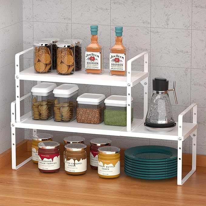 Expandable Kitchen Cabinet Storage Shelf, Stackable Metal Pantry Storage Shelves Organizer, Adjustable Height Counter Spice Rack for Kitchen Cabinet (White - 16.5"-27" L x 8" W x 9.6" H - 3Pack)