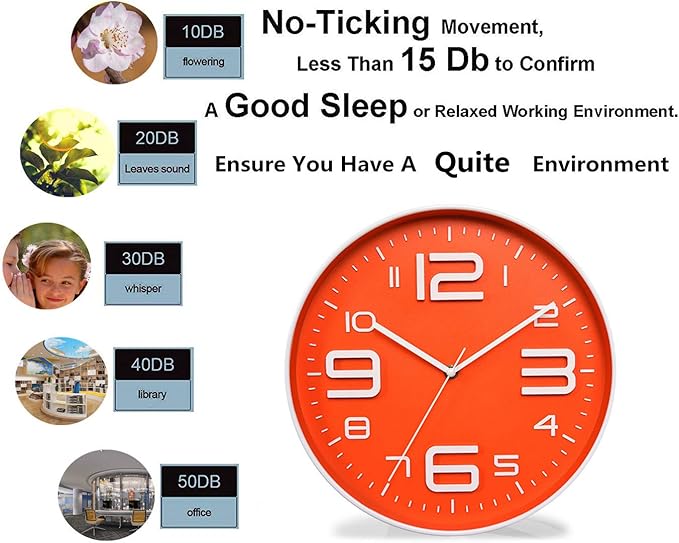 Zaoniy Non-Ticking Silent Quartz Wall Clock with Big 3D Number Modern Design Quiet Sweep Movement Indoor Decorative for Living Room Kitchen Wall Clocks Battery Operated 10-Inch (Orange)