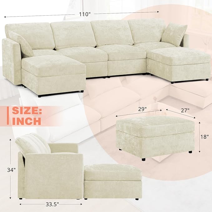 110” Chenille 4 Seats Sofa W/2 Movable Ottoman, Modern Fabric U-Shaped Couch with Soft Backrest, Upholstered Sectional Sofa with Armrest Pillows for Living Room, Office, Beige