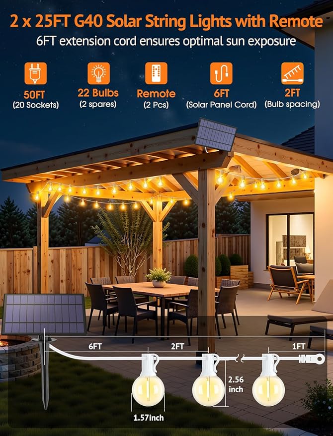 50FT(2x25FT) Solar String Lights Outdoor with Remote, Waterproof Dimmable 3 Modes Patio Lights with 20+2 LED G40 Bulbs for Party Bistro-White