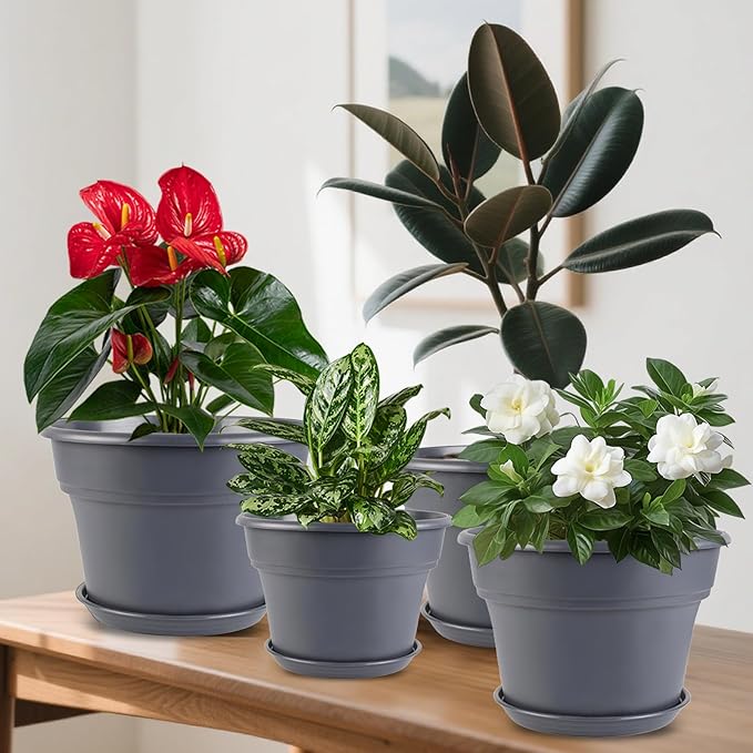 10-inch-Plant-Pots-Indoor-Outdoor, 4 Pack Plastic Planters with Drainage Holes & Saucers, Resin Flower Pots with Trays, Classic Garden Pot Container for House