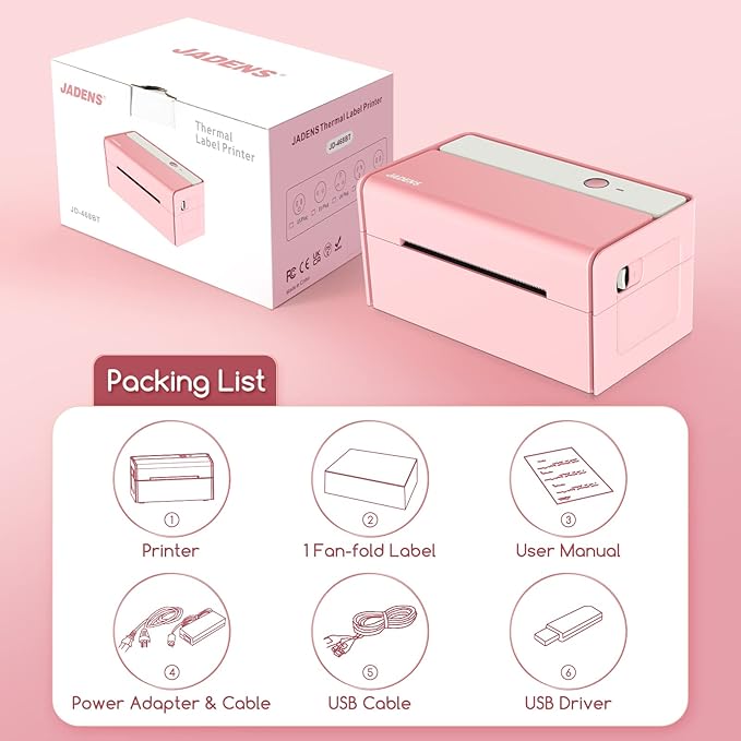 JADENS Bluetooth Thermal Label Printer -Wireless Shipping Label Printer for Small Business & Package, USPS, Etsy, Amazon, Compatible with iPhone, iPad, Mac, Windows, Android, 4x6, Label Maker, Pink