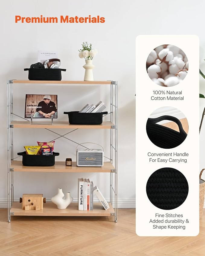 KALLAX Small Woven Basket, 12 x 8 x 4.5 Inches, Small Storage Baskets for Organizing, Gift Baskets Empty, Cute Rope Shelf Closet Storage Bins for Shelves, Dog Toy Basket, 3 Packs, Black