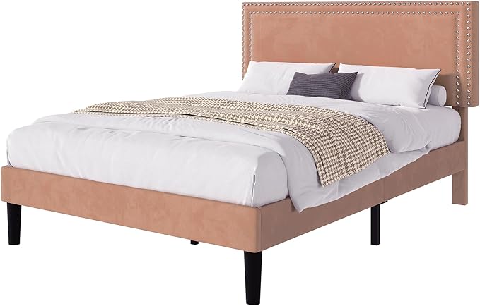 VECELO Full Size Bed Frame with Adjustable Upholstered Headboard, Wooden Slats Platform, Noise-Free Design, No Box Spring Needed, Easy Assembly