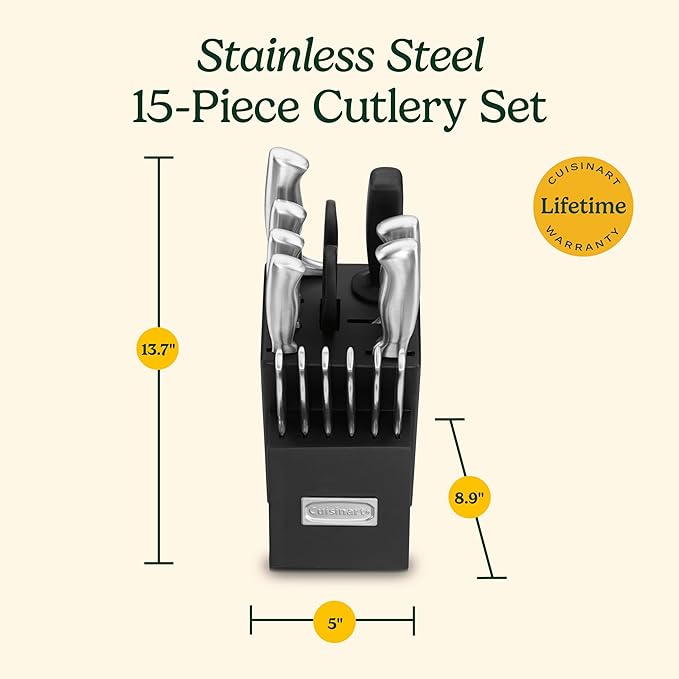 Cuisinart Stainless Steel Hollow Handle 15-Piece Cutlery Block Set, Kitchen Knife Set with Steel Blades for Precise Cutting, Durable Knives with Ergonomic Handles, C77SS-15PK