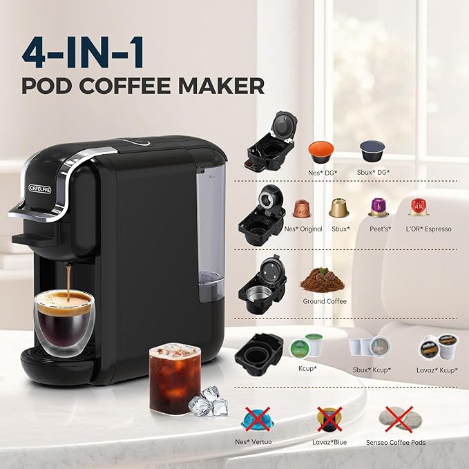MK-603 Mini Multi Pod Coffee Maker with 9 oz Portable Coffe Cup, Hot/Cold Single Serve Espresso Machine, 4-in-1 Brewer Compatible with K Cup,Nes Original/DG Capsule and Ground,Black
