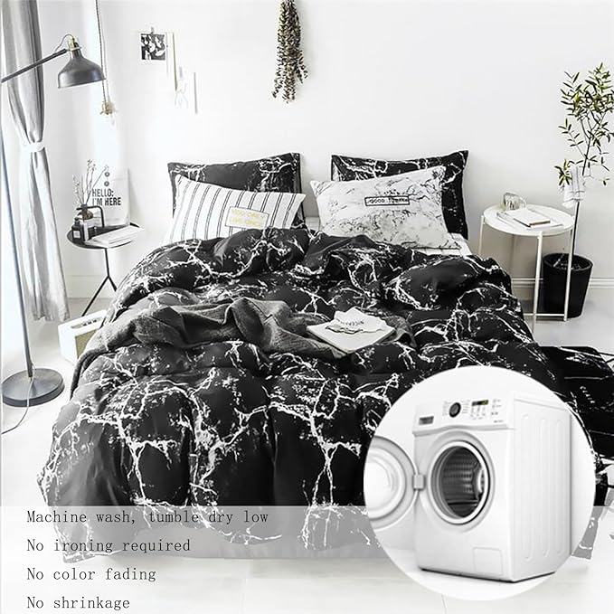 Black Marble Comforter Set King Size 3-Piece Bedding Set with 1 Soft Comforter and 2 Pillowcases Modern Luxury Style All Season for Cozy Sleep