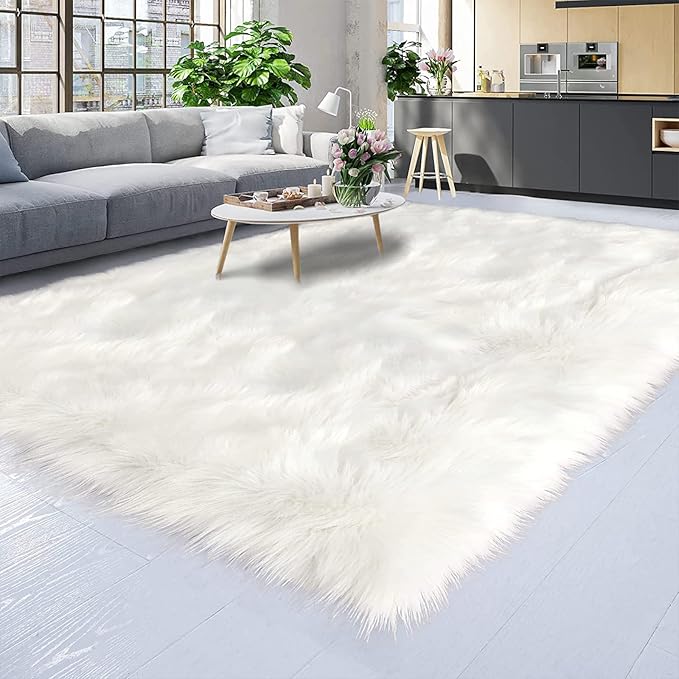 Latepis White Faux Fur Sheepskin Rug 4x6 for Living Room, Fuzzy Rugs Fluffy Washable Rug for Bedroom, Playroom, Luxury Room Decor, Rectangle