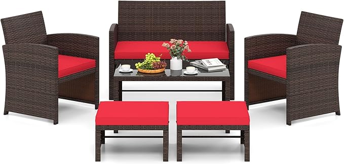 Tangkula 6 Pieces Patio Furniture Set, Outdoor Sectional Conversation PE Rattan Sofa Set with 1 Loveseat, 1 Coffee Table, 2 Armchairs and 2 Ottomans for Garden, Deck, Backyard and Poolside (Red)