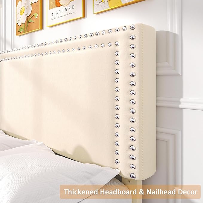 VECELO Twin Platform Bed Frame with Storage Drawer, Adjustable Velvet Rivet Headboard, Wooden Slats Support, No Box Spring Needed, Easy Assembly