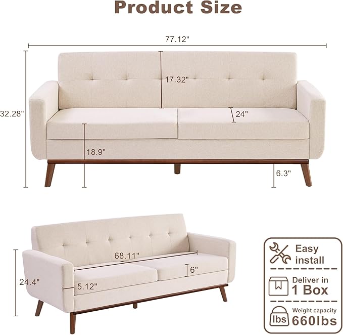 Kingfun 77.2" W Loveseat Sofa, Mid Century Modern Decor Love Seat Couches for Living Room, Button Tufted Upholstered Furniture, Easy to Install Small Couch for Bedroom Office Apartment, Oatmeal