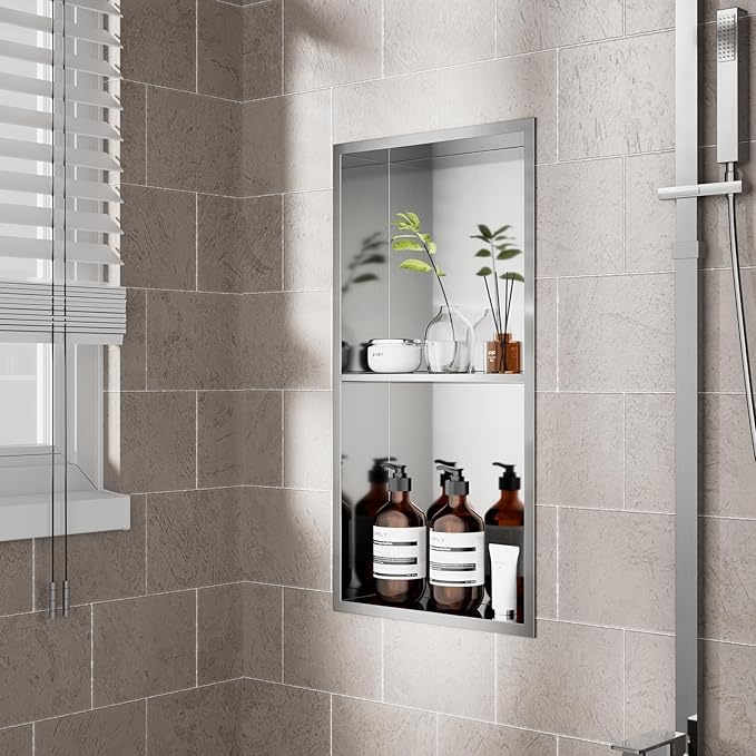 POPFLY 12"×24" Stainless Steel Shower Niche, Double Shelves Bathroom Niche No Tile Needed Recessed Niche Shower for Bathroom Storage, Horizontal or Vertical Insert, Nano Silver