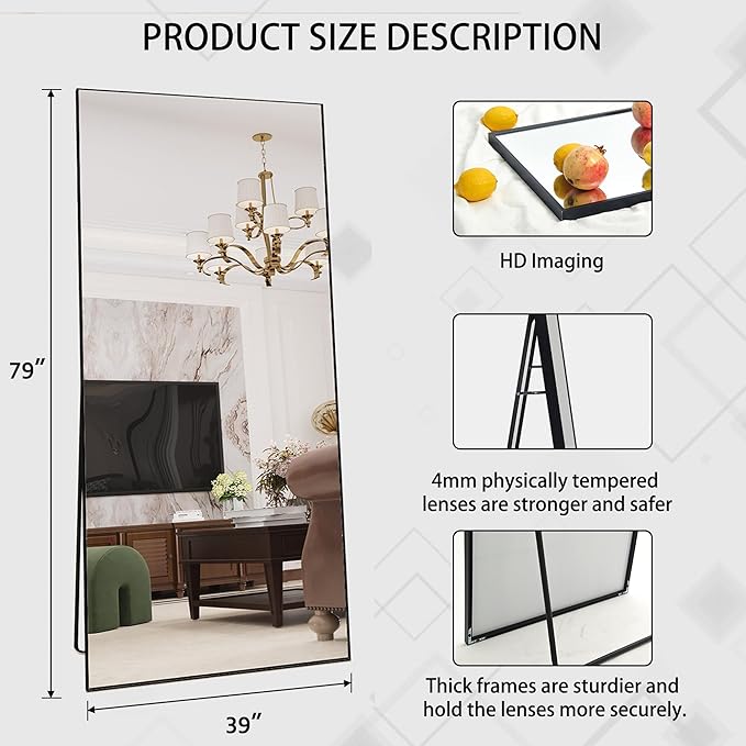 Beauty4U 79" x 39" Large Full Length Mirror with Stand, Metal Frame Black Wall Mounting Full Body Tempered Mirror for Living Room, Bedroom