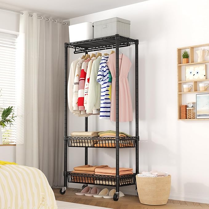 Heavy Duty Clothes Rack Rolling Garment Rack,Adjustable Wire Shelving Clothing Racks for Hanging Clothes with Hanger&Double Basket,Freestanding Metal Wardrobe Storage Portable Closet