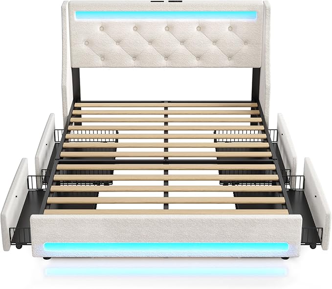 Rolanstar Queen Bed Frame with LED Lights and Charging Station, Upholstered Bed with Drawers, Wooden Slats, Noise Free, Easy Assembly, Beige