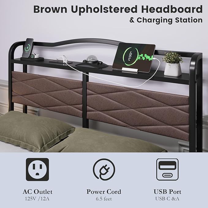 Queen Size Bed Frame - Storage Headboard with Charging Station & Galaxy Aurora Projector, 14 Inch Sturdy Metal Platform Bed Frame No Box Spring Needed, Easy Assembly, No Noise, Brown