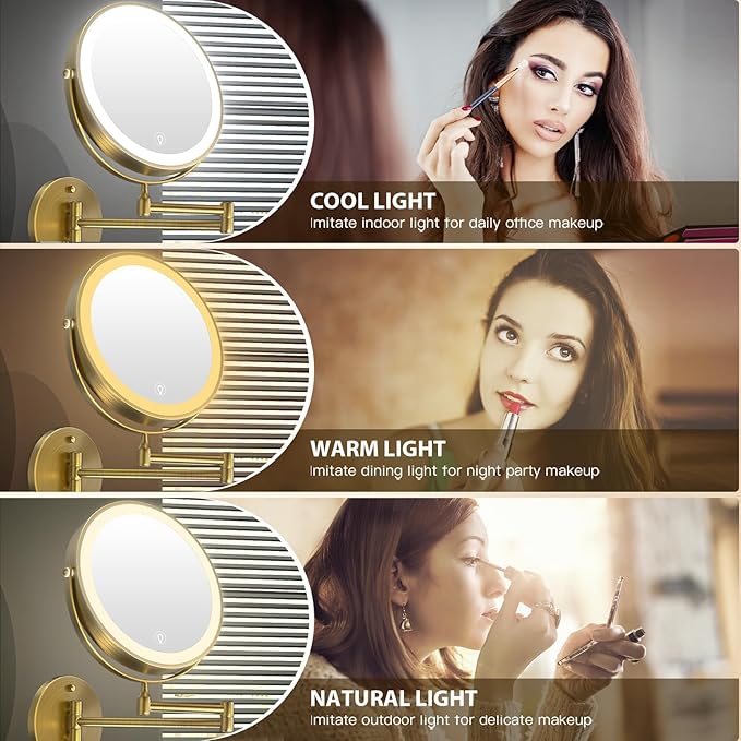 Wall Mounted Lighted Makeup Mirror,8" Rechargeable Double-Sided Light up Magnifying Mirror 1x/10x,3 Color Led Vanity Mirror with Lights,Touch Dimmable 360° Rotation-Antique Bronze