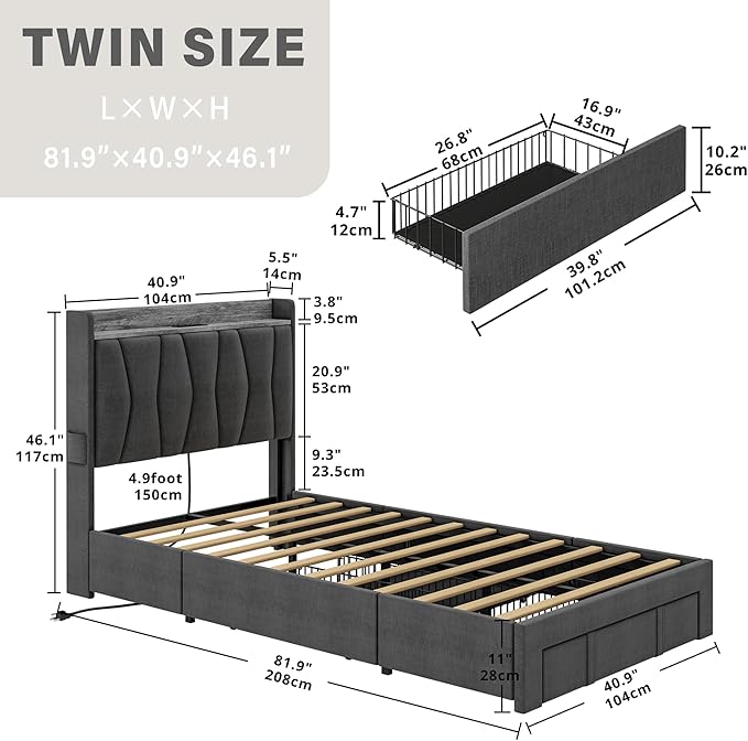 ANCTOR Twin Bed Frame with 3 Drawers, Upholstered Platform Bed with Storage Headboard and Charging Station, No Box Spring Needed, Easy Assembly, Grey